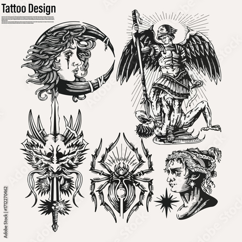 tattoo design for a collection of faces of devil worshipers