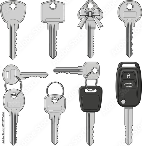 Isolated a kinds of deferent Various key blanks set. Apartment, home, car and other keys on keyholders. Locksmith service concept. vector art with white background.