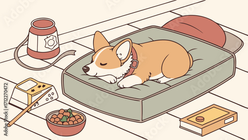 Adorable sleeping dog in a cozy bed with surrounding objects.