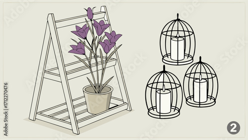 A potted plant on a wooden shelf with three caged candles illustration.