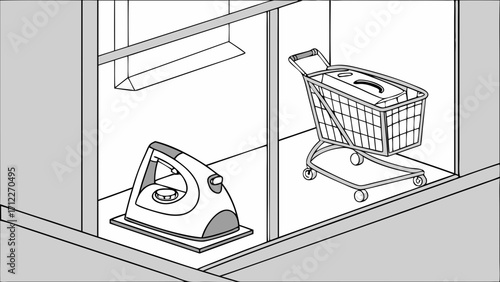 An illustration of a shopping cart and an iron inside a storage space or alcove.