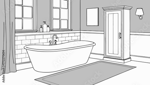 Bathroom interior design bathtub tiled walls cabinet rug home decor illustration drawing monochrome elegant bathroom modern bathroom classic bathroom spa-like bathroom bathroom sketc.