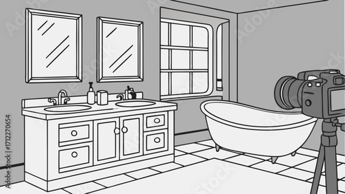 Bathroom interior design camera on tripod vanity bathtub illustration home decor renovation minimalist style modern bathroom simple design clean lines drawing sketch graphic design.