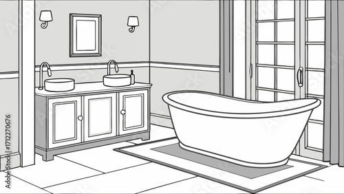 Bathroom Interior Design Modern Freestanding Tub Double Vanity Grey Walls Floor Tile Home Decor Illustration.