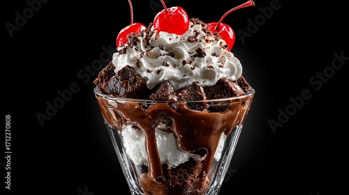 A brownie sundae in glass, topped with hot fudge, whipped cream, and cherry