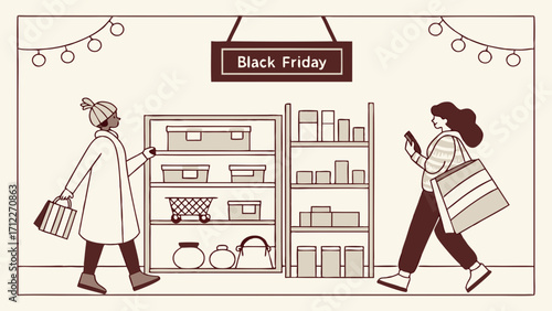 Black Friday Shopping Illustration Two Women Shopping in Store with Shelves and Products.