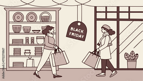 Black Friday Shopping Illustration Two Women with Shopping Bags Leaving a Store with Home Goods Displayed.