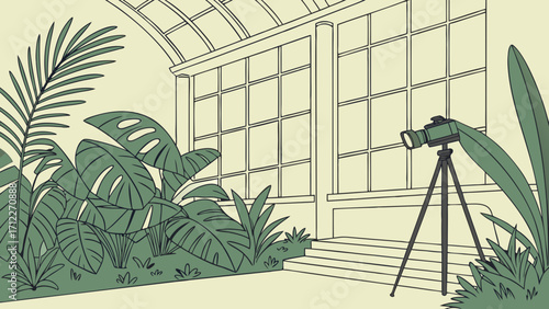 Camera on tripod in a botanical garden greenhouse illustration.
