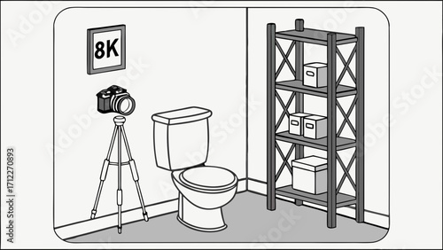 Camera on tripod in a room with toilet and shelving unit 8K resolution illustration.