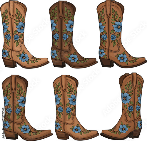  Isolated a kinds of deferent western cowboy boots with floral design. Boots with blue flowers and green leaves in warm brown hue. Farmhouse rustic wedding boot decoration vector art ,