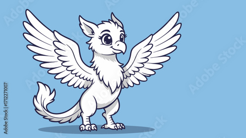 Cartoon white griffin character with spread wings on blue background  