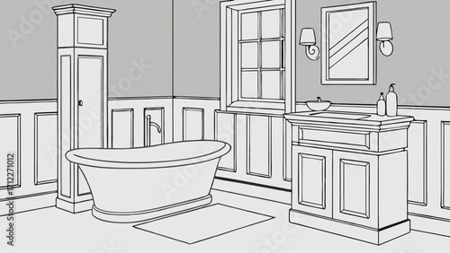 Classic Bathroom Interior Design Sketch Freestanding Tub Vanity and Tall Cabinet Elegant Home Decor Illustration.