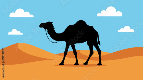 Silhouette of a camel walking in desert landscape with blue sky  