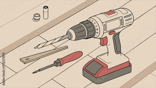 Cordless Drill with Accessories on Wood Surface Illustration.