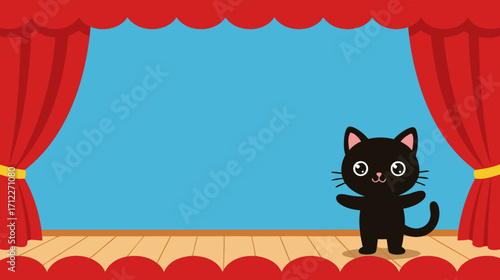 Black cartoon cat standing on stage with red curtains and blue background  
