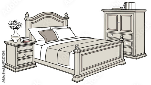 Classic Bedroom Furniture Set Elegant Bed with Nightstand and Armoire Home Decor Illustration.