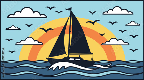 Sailboat sailing on waves with sunset and clouds in background  