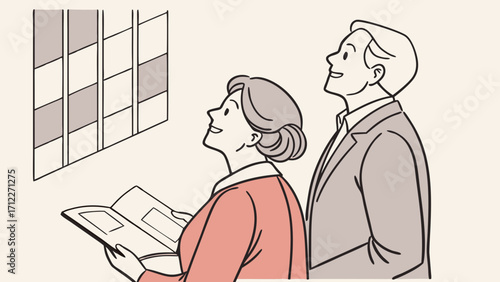 Couple looking at artwork in gallery viewing exhibit mature adults art appreciation museum visit exhibition gallery wall design interior elegant sophisticated stylish modern art cont.