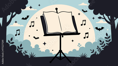 Open book on music stand with bats and musical notes at night  