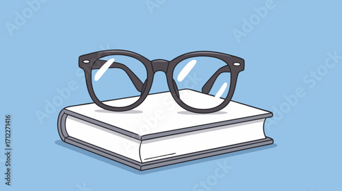 Glasses resting on top of a book with a blue background  