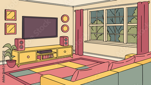 Cozy living room interior design with TV sofa and window view.