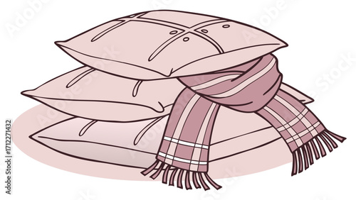 Cozy pillows and scarf illustration soft colors comfortable home decor winter warmth sleep rest relaxation textile design pattern fabric bedding bedroom home sweet dreams comfort h.