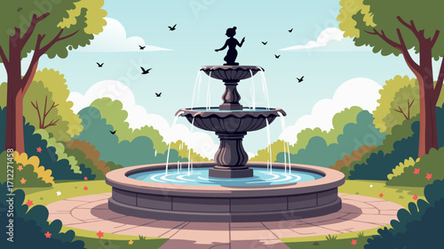 Elegant fountain with flowing water in a vibrant park setting  