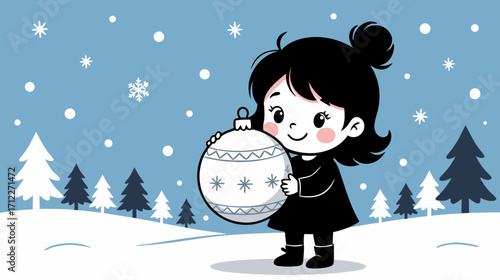 Young girl holding snowflake-decorated ornament in winter scene  