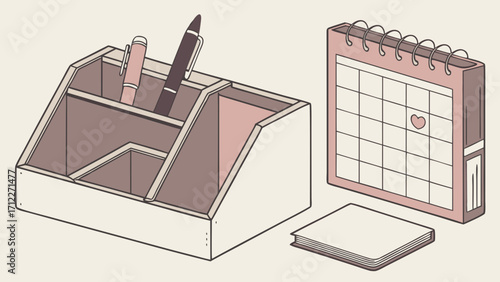 Desk organizer with pens calendar and notepad illustration stationery office supplies organization planning schedule appointment design element cute pastel minimalist workspace desk.