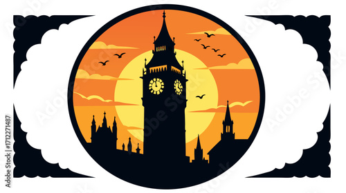 Silhouette of Big Ben against orange sunset with flying birds  