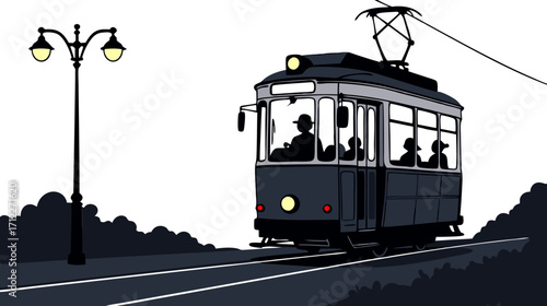 Vintage tram traveling on railway at dusk with streetlamps  