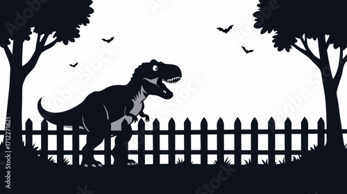 Tyrannosaurus rex standing near a fence in a park scene 