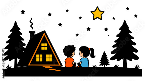 Two children gazing at stars in front of a cozy house at night  