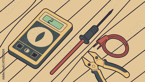 Digital illustration of electrical tools on a wooden surface.