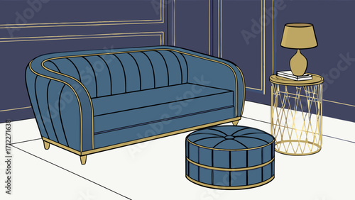 Elegant Blue Sofa and Ottoman in Modern Interior Design Illustration.