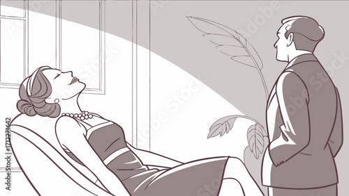 Elegant Couple in Vintage Style Interior Romantic Scene Art Deco Illustration.