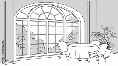 Elegant dining room interior with arched window and table setting showcasing a serene view.