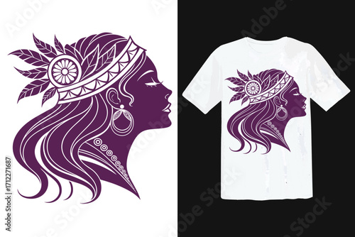 Purple tribal woman silhouette with feathers and earrings on white t-shirt