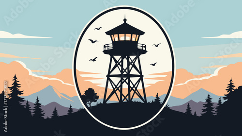 Vintage illustration of a watchtower silhouette against mountains  