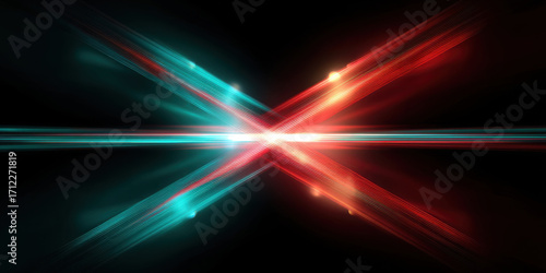 Intersecting light beams in red and blue create dynamic glowing X shape with futuristic and energetic feel