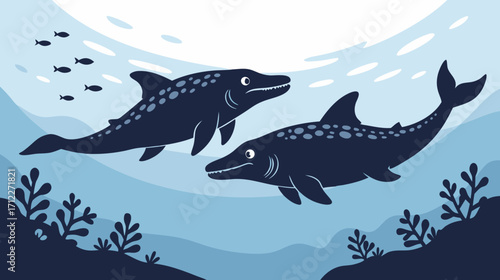 Two cartoon whales swimming underwater in a blue ocean scene  