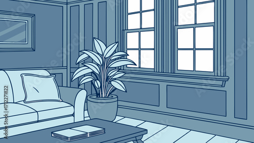 Elegant Living Room Interior Design with Sofa Plant and Window.