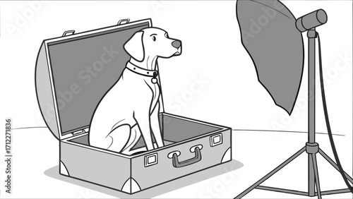 Dog in suitcase studio photography pet photoshoot canine portrait animal illustration monochrome graphic design vector art.
