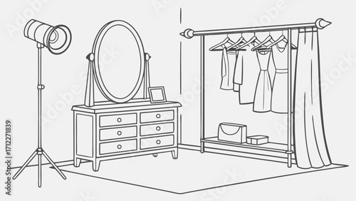 Dressing Room Setup Fashion Photography Studio Clothing Rack Mirror Lighting Illustration Design Interior Design Outline Sketch Vector Graphic.