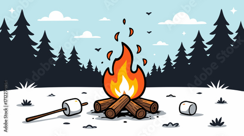 Campfire with roasting marshmallows in snowy forest landscape  