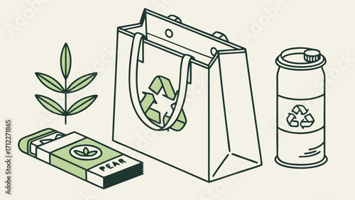 Eco-Friendly Packaging Design Sustainable Tote Bag Recyclable Can and Product Box Illustration.