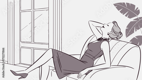 Elegant Woman Relaxing in Chair Stylish Dress Fashion Illustration Minimalist Design.
