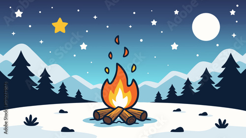Cozy campfire in winter landscape with stars and moonlight  