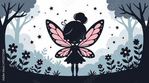 Young girl with butterfly wings standing among flowers in forest  