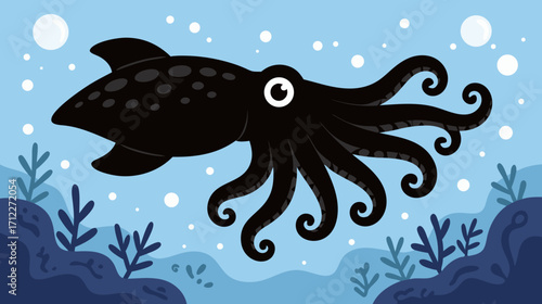Cartoon black squid swimming in blue ocean with plants and bubbles  